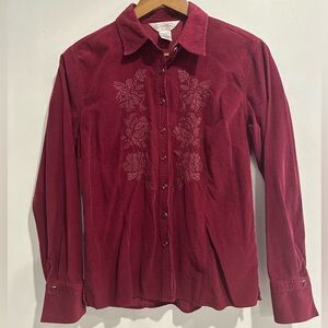 NORTHERN REFLECTIONS Red‎ Corduroy Cotton Embroidered Holiday Button Down Size S